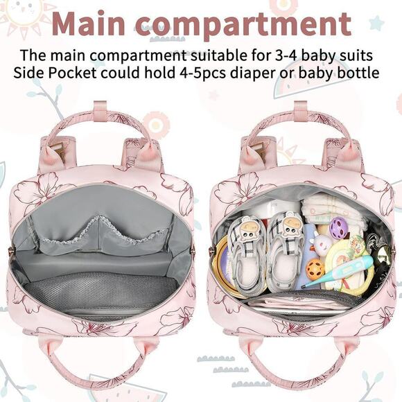 Diaper Bag Backpack, Large Pink Diaper Bag Backpack, Floral Printed Backpack - Picture 5 of 8